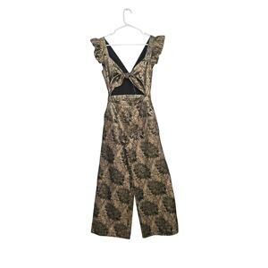 Happy x Nature Gold Floral Tie Front Jumpsuit Sleeveless V-Neck Wide Leg Sz 4 S